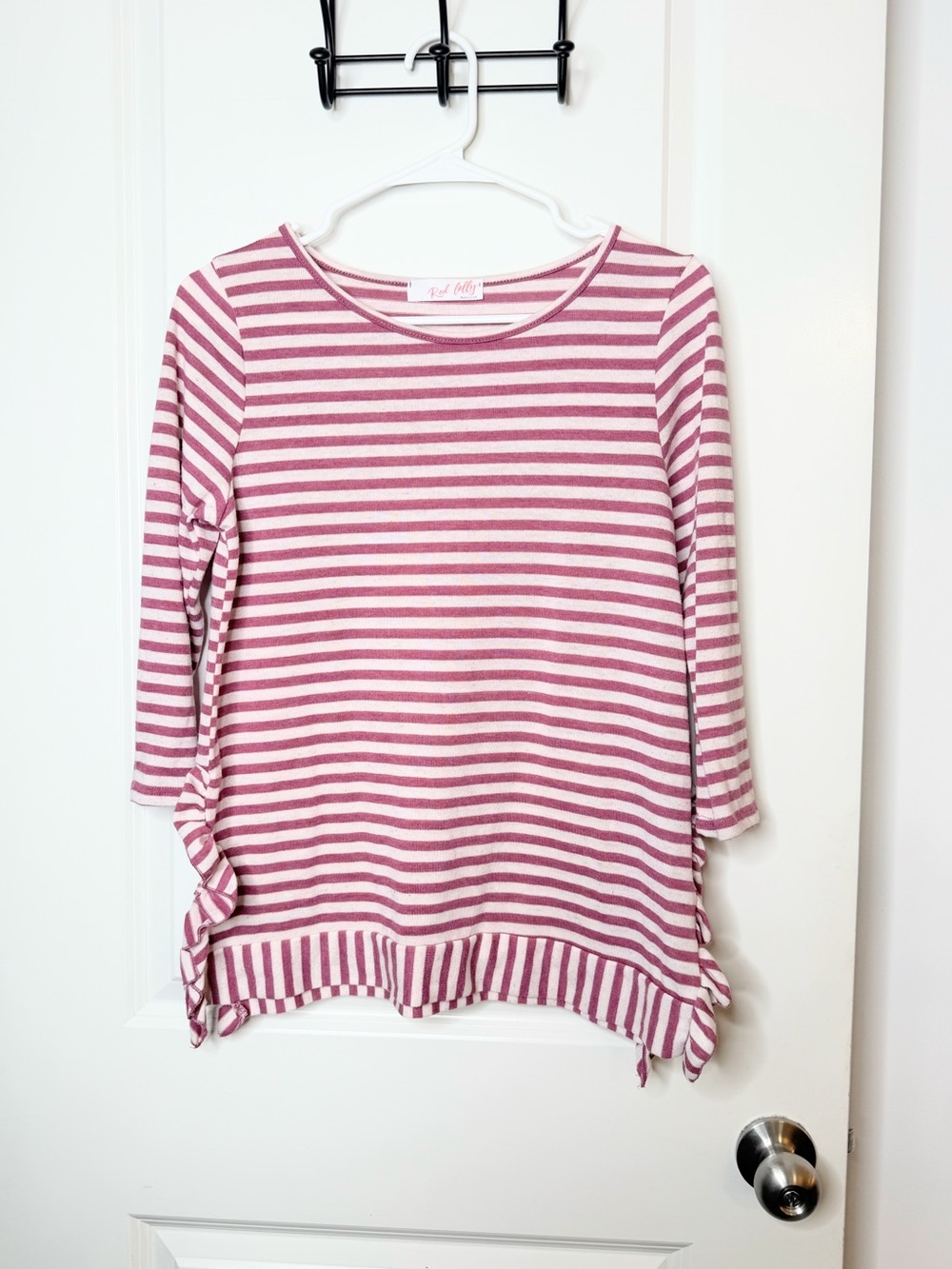 Red Lolly Women Pink Cream Striped Ruffle Side Slit Tunic Top Made USA